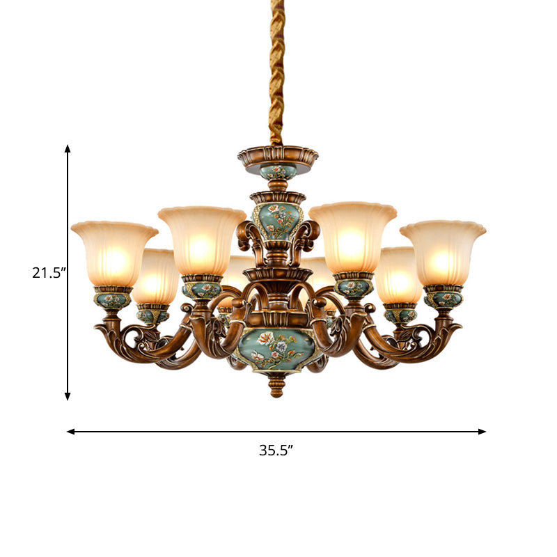 6/8-Bulb Suspension Pendant Light Antique Style Blossom Shaped Opal Glass Chandelier Light Fixture in Brown Clearhalo 'Ceiling Lights' 'Chandeliers' Lighting' options 1220835