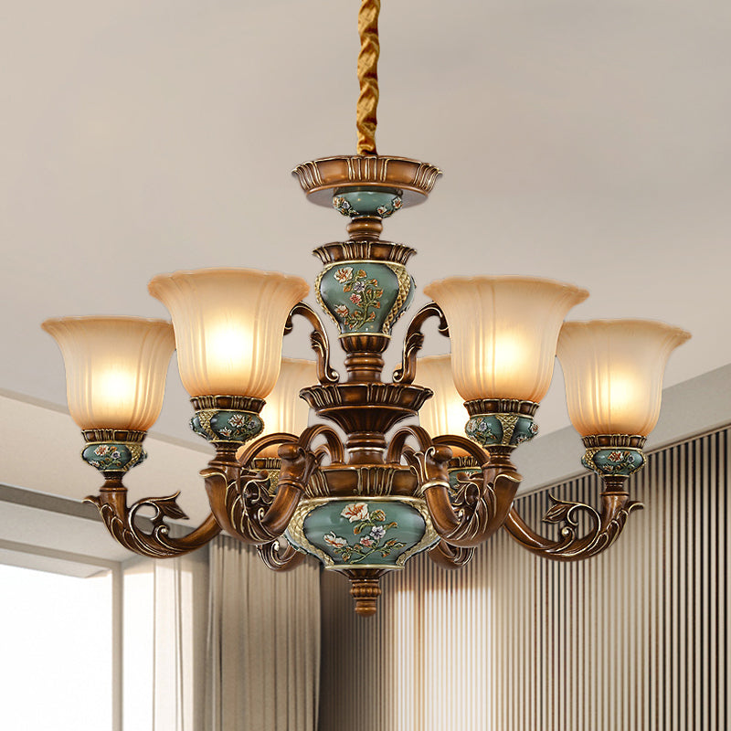 6/8-Bulb Suspension Pendant Light Antique Style Blossom Shaped Opal Glass Chandelier Light Fixture in Brown 6 Brown Clearhalo 'Ceiling Lights' 'Chandeliers' Lighting' options 1220836_5f16e966-12d6-4025-8df5-ad7b87625700