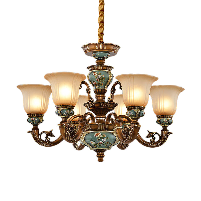 6/8-Bulb Suspension Pendant Light Antique Style Blossom Shaped Opal Glass Chandelier Light Fixture in Brown Clearhalo 'Ceiling Lights' 'Chandeliers' Lighting' options 1220838