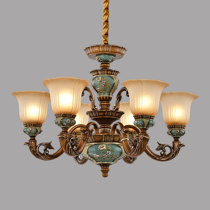 6/8-Bulb Suspension Pendant Light Antique Style Blossom Shaped Opal Glass Chandelier Light Fixture in Brown Clearhalo 'Ceiling Lights' 'Chandeliers' Lighting' options 1220839