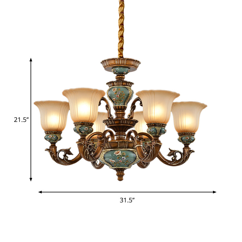 6/8-Bulb Suspension Pendant Light Antique Style Blossom Shaped Opal Glass Chandelier Light Fixture in Brown Clearhalo 'Ceiling Lights' 'Chandeliers' Lighting' options 1220840