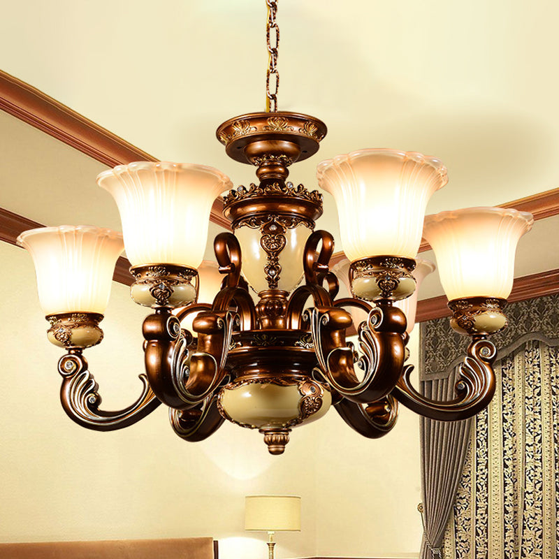 Curvy Arm Living Room Suspension Lighting Antiqued Metallic 6/8 Heads Brown Pendant Chandelier 6 Brown Clearhalo 'Ceiling Lights' 'Chandeliers' Lighting' options 1220868_b662e57a-07d4-4453-bcbd-8d47bccc687f