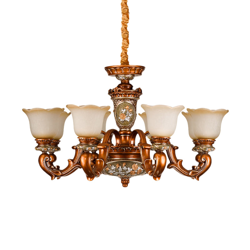 6/8-Head Cream Glass Chandelier Lighting Vintage Brown Floral Shaped Dining Room Ceiling Pendant Light Clearhalo 'Ceiling Lights' 'Chandeliers' 'Close To Ceiling Lights' 'Glass shade' 'Glass' Lighting' 1220875