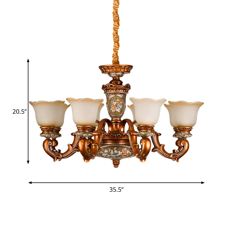 6/8-Head Cream Glass Chandelier Lighting Vintage Brown Floral Shaped Dining Room Ceiling Pendant Light Clearhalo 'Ceiling Lights' 'Chandeliers' 'Close To Ceiling Lights' 'Glass shade' 'Glass' Lighting' 1220876