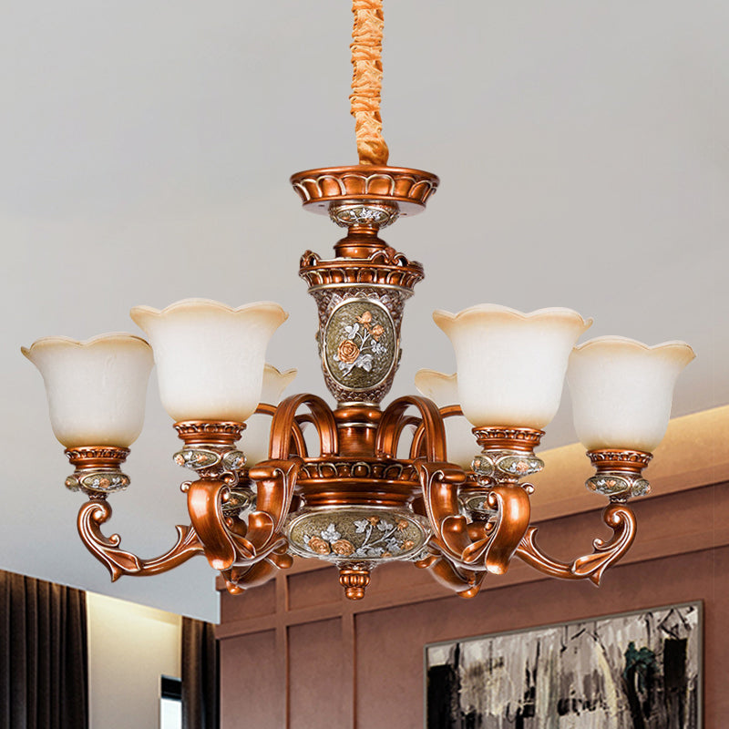 6/8-Head Cream Glass Chandelier Lighting Vintage Brown Floral Shaped Dining Room Ceiling Pendant Light Clearhalo 'Ceiling Lights' 'Chandeliers' 'Close To Ceiling Lights' 'Glass shade' 'Glass' Lighting' 1220878