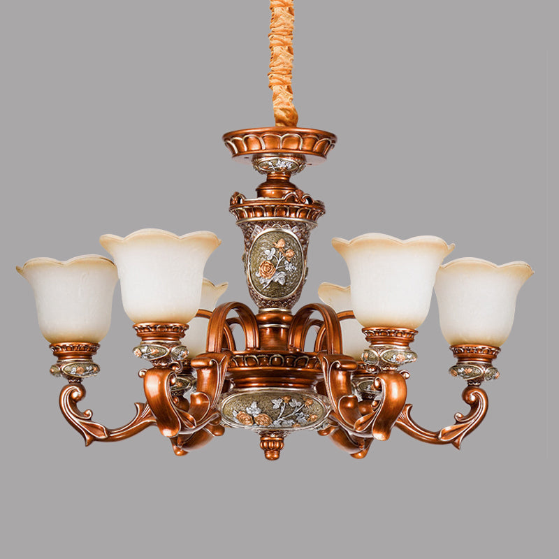 6/8-Head Cream Glass Chandelier Lighting Vintage Brown Floral Shaped Dining Room Ceiling Pendant Light Clearhalo 'Ceiling Lights' 'Chandeliers' 'Close To Ceiling Lights' 'Glass shade' 'Glass' Lighting' 1220880