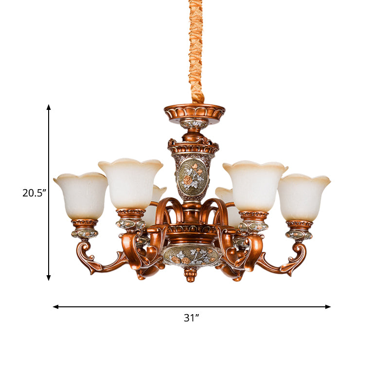 6/8-Head Cream Glass Chandelier Lighting Vintage Brown Floral Shaped Dining Room Ceiling Pendant Light Clearhalo 'Ceiling Lights' 'Chandeliers' 'Close To Ceiling Lights' 'Glass shade' 'Glass' Lighting' 1220881