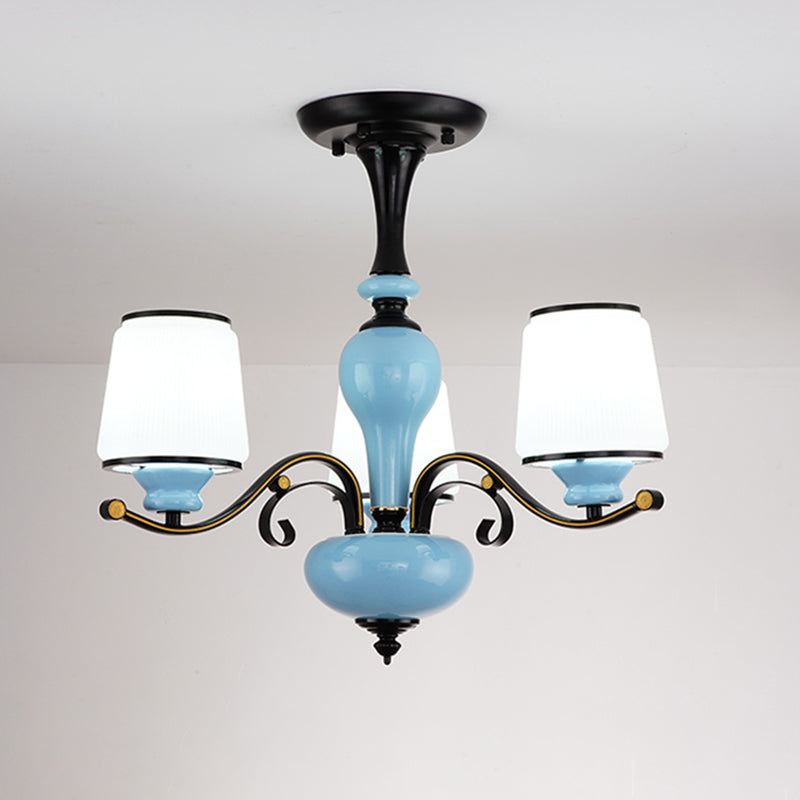 Milky Glass Empire Shade Suspension Pendant Light Countryside Style 3/6/8-Head Living Room Chandelier Light in Blue Clearhalo 'Ceiling Lights' 'Chandeliers' Lighting' options 1220885