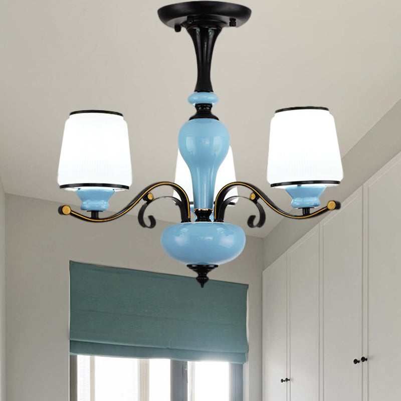 Milky Glass Empire Shade Suspension Pendant Light Countryside Style 3/6/8-Head Living Room Chandelier Light in Blue Clearhalo 'Ceiling Lights' 'Chandeliers' Lighting' options 1220886