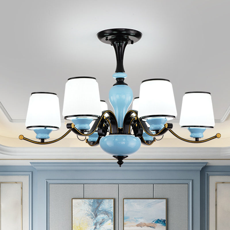 Milky Glass Empire Shade Suspension Pendant Light Countryside Style 3/6/8-Head Living Room Chandelier Light in Blue Clearhalo 'Ceiling Lights' 'Chandeliers' Lighting' options 1220889