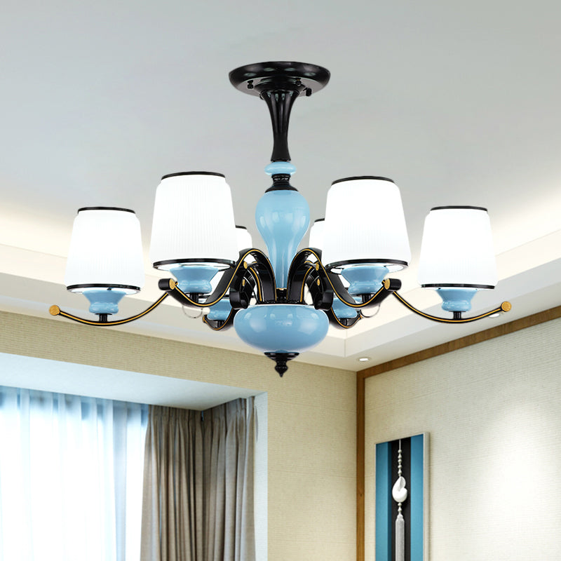 Milky Glass Empire Shade Suspension Pendant Light Countryside Style 3/6/8-Head Living Room Chandelier Light in Blue Clearhalo 'Ceiling Lights' 'Chandeliers' Lighting' options 1220890