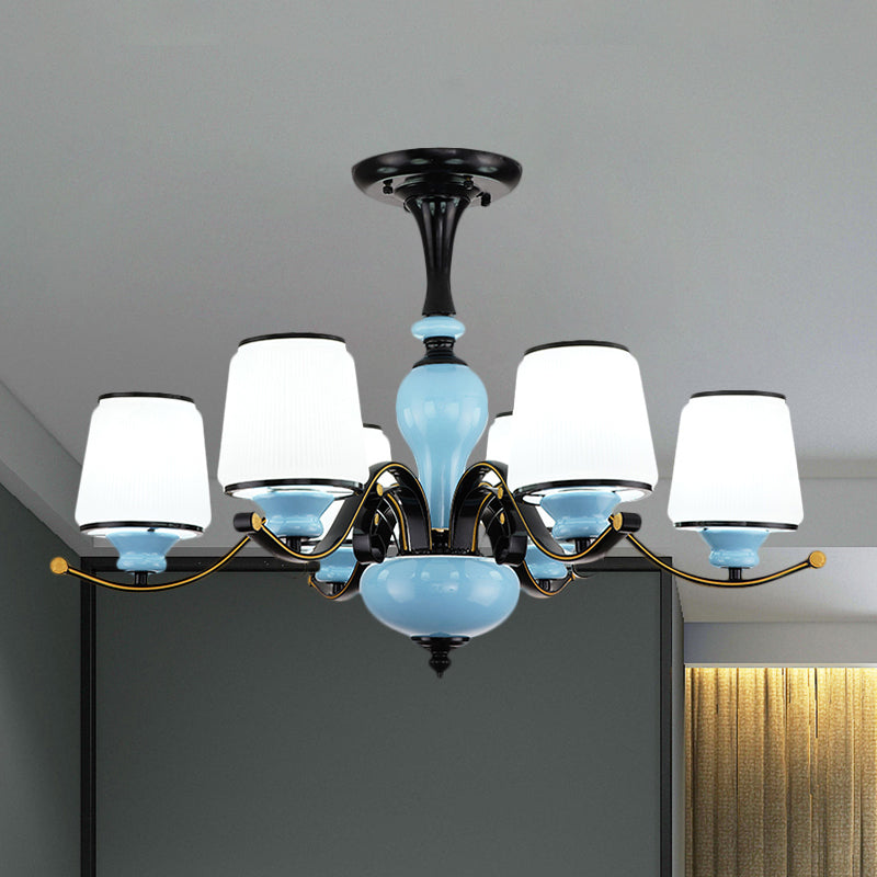 Milky Glass Empire Shade Suspension Pendant Light Countryside Style 3/6/8-Head Living Room Chandelier Light in Blue Clearhalo 'Ceiling Lights' 'Chandeliers' Lighting' options 1220891