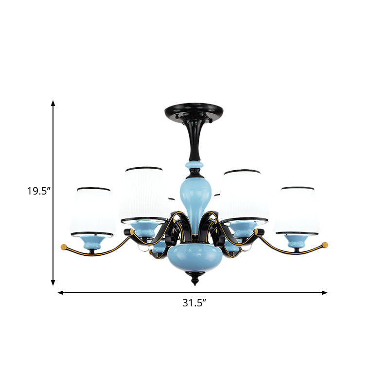 Milky Glass Empire Shade Suspension Pendant Light Countryside Style 3/6/8-Head Living Room Chandelier Light in Blue Clearhalo 'Ceiling Lights' 'Chandeliers' Lighting' options 1220893