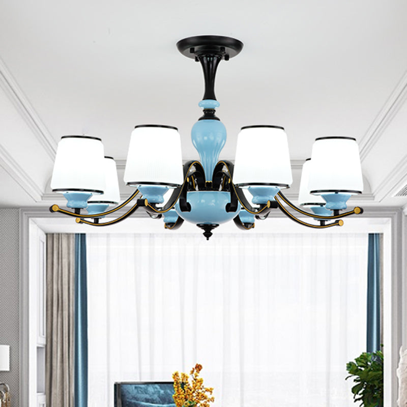 Milky Glass Empire Shade Suspension Pendant Light Countryside Style 3/6/8-Head Living Room Chandelier Light in Blue Clearhalo 'Ceiling Lights' 'Chandeliers' Lighting' options 1220894