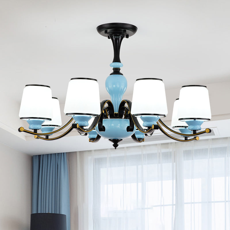 Milky Glass Empire Shade Suspension Pendant Light Countryside Style 3/6/8-Head Living Room Chandelier Light in Blue Clearhalo 'Ceiling Lights' 'Chandeliers' Lighting' options 1220895