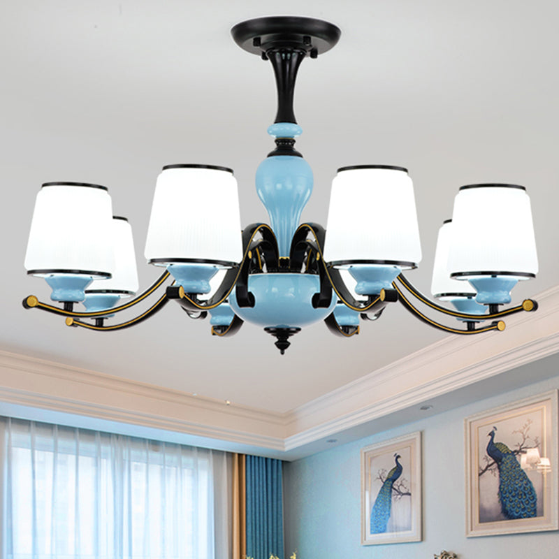 Milky Glass Empire Shade Suspension Pendant Light Countryside Style 3/6/8-Head Living Room Chandelier Light in Blue Clearhalo 'Ceiling Lights' 'Chandeliers' Lighting' options 1220896