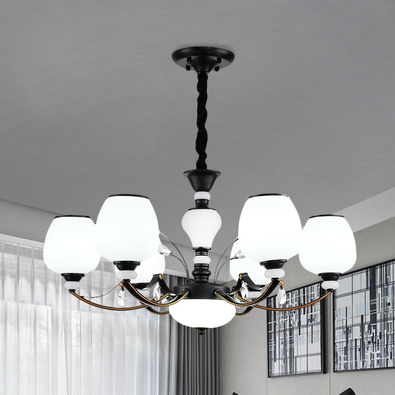 Black 3/6/8-Head Ceiling Chandelier Countryside Style Cream Glass Barrel Shade Suspension Pendant Light Clearhalo 'Ceiling Lights' 'Chandeliers' Lighting' options 1220938