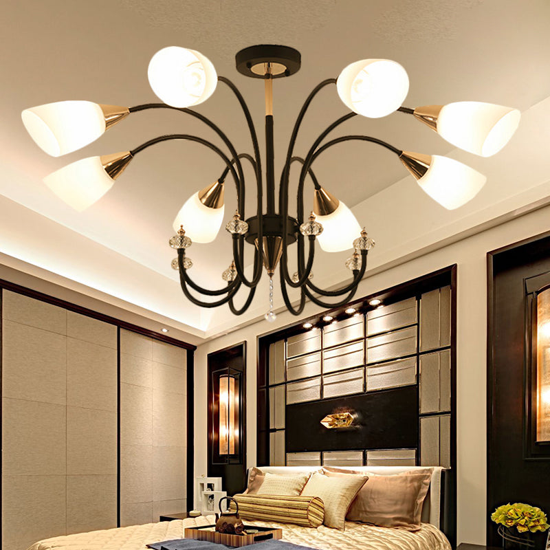 Black 6/9/12 Heads Hanging Chandelier Traditional Style Frosted Glass Empire Shade Ceiling Suspension Lamp Clearhalo 'Ceiling Lights' 'Chandeliers' Lighting' options 1220989