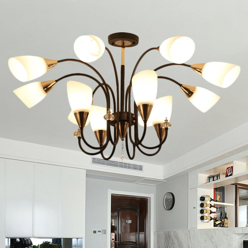 Black 6/9/12 Heads Hanging Chandelier Traditional Style Frosted Glass Empire Shade Ceiling Suspension Lamp Clearhalo 'Ceiling Lights' 'Chandeliers' Lighting' options 1220994