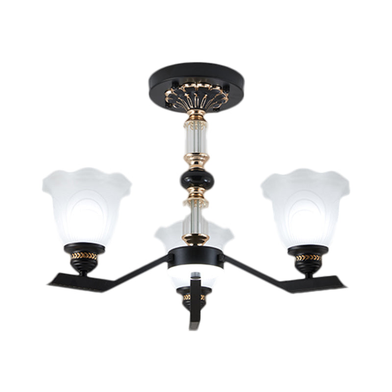 Frosted Glass Black Chandelier Lighting Floral Shade 3/6/8-Head Rural Style Hanging Pendant Light Clearhalo 'Ceiling Lights' 'Chandeliers' Lighting' options 1221000