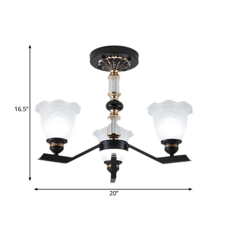 Frosted Glass Black Chandelier Lighting Floral Shade 3/6/8-Head Rural Style Hanging Pendant Light Clearhalo 'Ceiling Lights' 'Chandeliers' Lighting' options 1221001