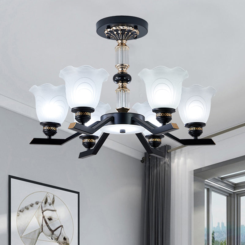 Frosted Glass Black Chandelier Lighting Floral Shade 3/6/8-Head Rural Style Hanging Pendant Light Clearhalo 'Ceiling Lights' 'Chandeliers' Lighting' options 1221002