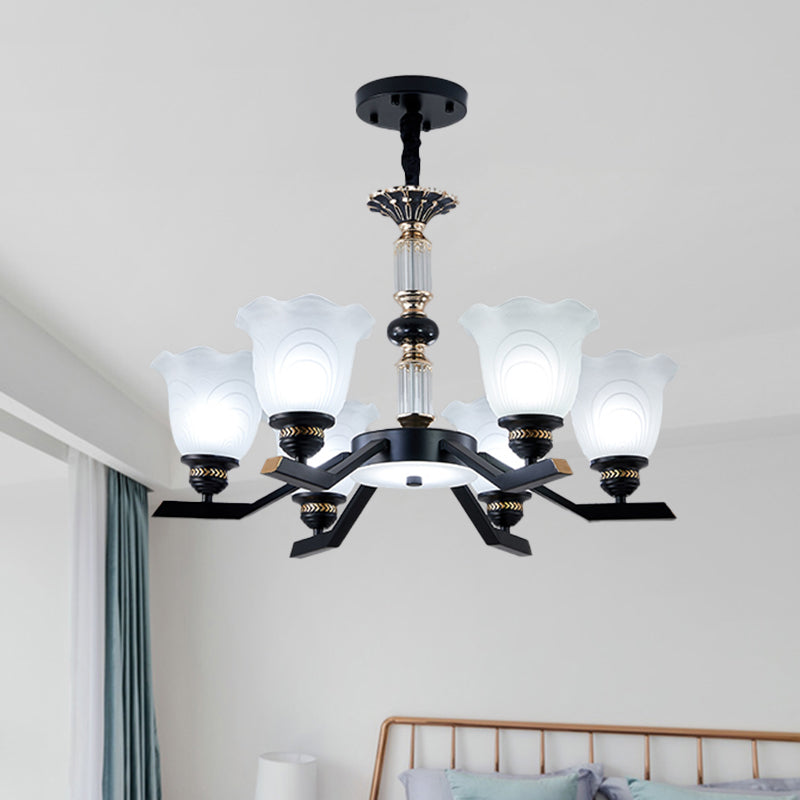 Frosted Glass Black Chandelier Lighting Floral Shade 3/6/8-Head Rural Style Hanging Pendant Light Clearhalo 'Ceiling Lights' 'Chandeliers' Lighting' options 1221003