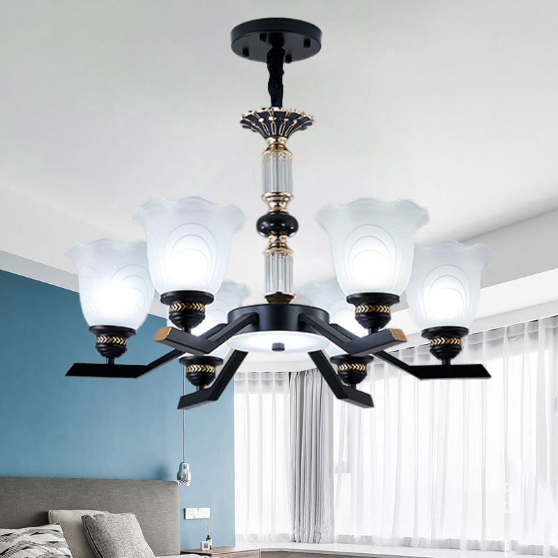 Frosted Glass Black Chandelier Lighting Floral Shade 3/6/8-Head Rural Style Hanging Pendant Light Clearhalo 'Ceiling Lights' 'Chandeliers' Lighting' options 1221004