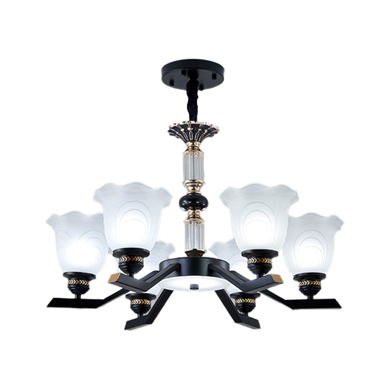 Frosted Glass Black Chandelier Lighting Floral Shade 3/6/8-Head Rural Style Hanging Pendant Light Clearhalo 'Ceiling Lights' 'Chandeliers' Lighting' options 1221005