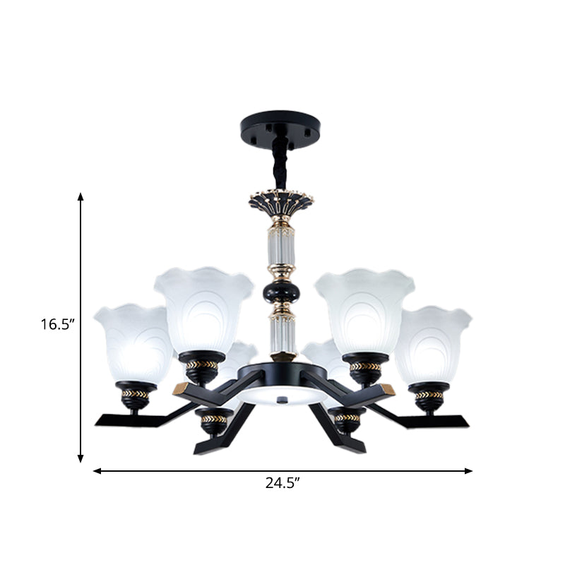 Frosted Glass Black Chandelier Lighting Floral Shade 3/6/8-Head Rural Style Hanging Pendant Light Clearhalo 'Ceiling Lights' 'Chandeliers' Lighting' options 1221006