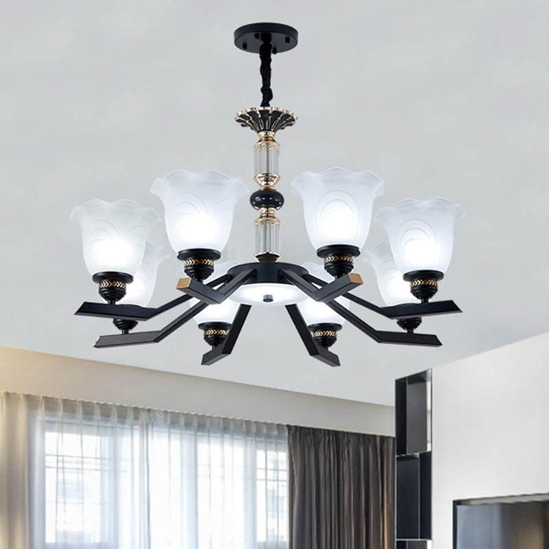 Frosted Glass Black Chandelier Lighting Floral Shade 3/6/8-Head Rural Style Hanging Pendant Light Clearhalo 'Ceiling Lights' 'Chandeliers' Lighting' options 1221007