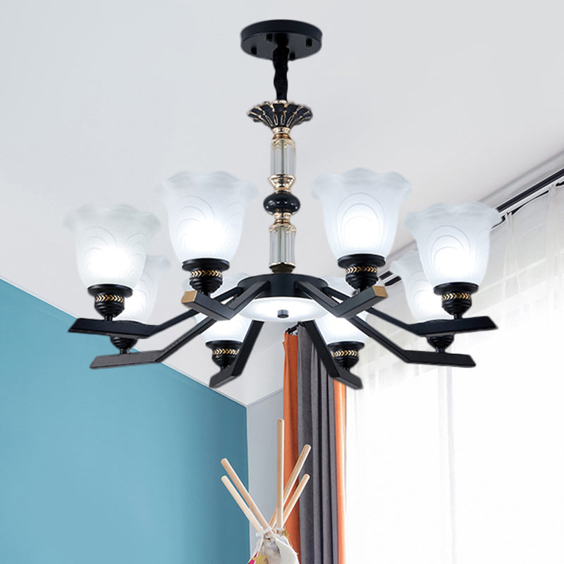 Frosted Glass Black Chandelier Lighting Floral Shade 3/6/8-Head Rural Style Hanging Pendant Light Clearhalo 'Ceiling Lights' 'Chandeliers' Lighting' options 1221008