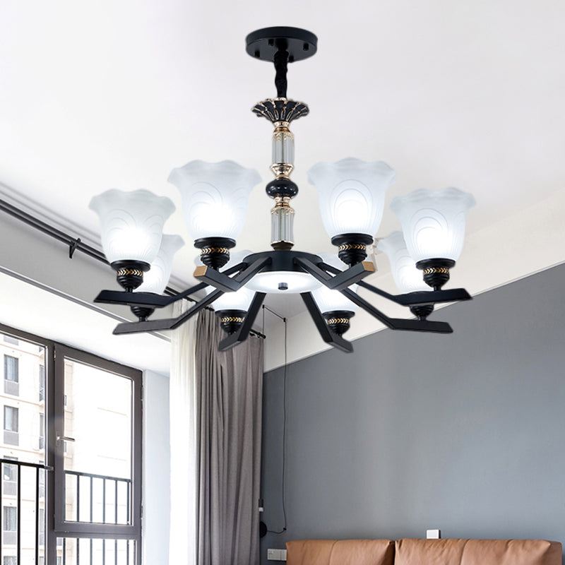 Frosted Glass Black Chandelier Lighting Floral Shade 3/6/8-Head Rural Style Hanging Pendant Light Clearhalo 'Ceiling Lights' 'Chandeliers' Lighting' options 1221009