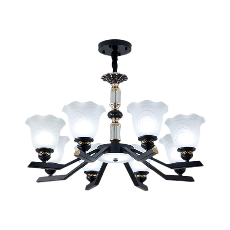 Frosted Glass Black Chandelier Lighting Floral Shade 3/6/8-Head Rural Style Hanging Pendant Light Clearhalo 'Ceiling Lights' 'Chandeliers' Lighting' options 1221010