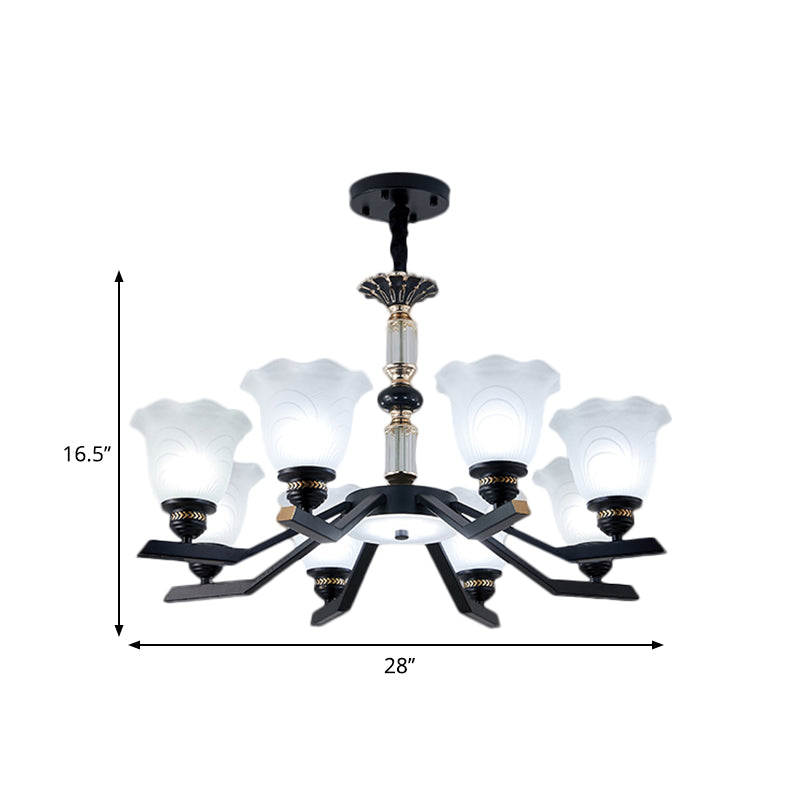 Frosted Glass Black Chandelier Lighting Floral Shade 3/6/8-Head Rural Style Hanging Pendant Light Clearhalo 'Ceiling Lights' 'Chandeliers' Lighting' options 1221011