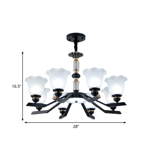 Frosted Glass Black Chandelier Lighting Floral Shade 3/6/8-Head Rural Style Hanging Pendant Light Clearhalo 'Ceiling Lights' 'Chandeliers' Lighting' options 1221011