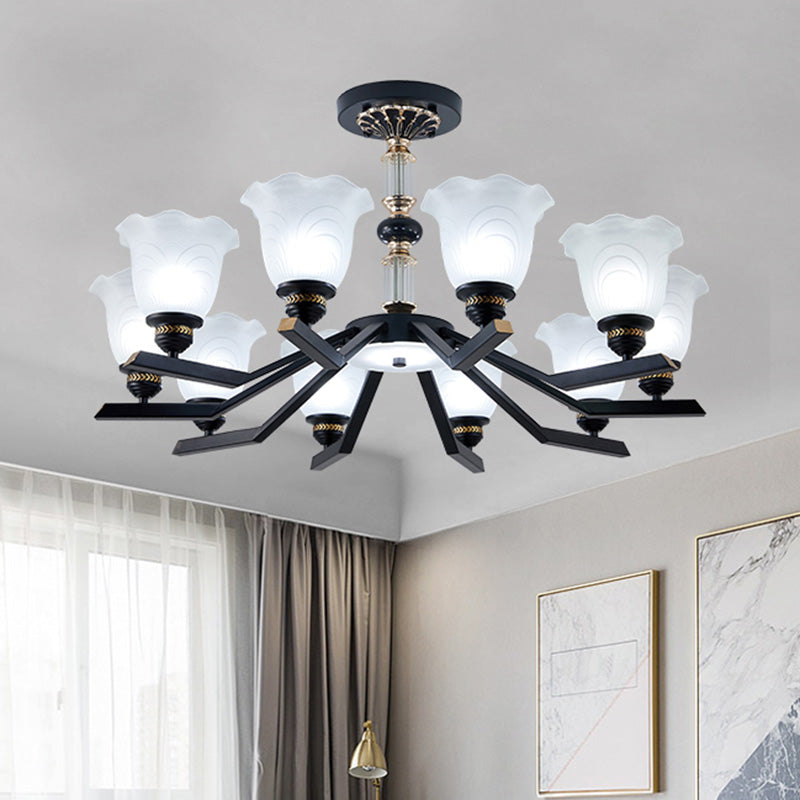 Frosted Glass Black Chandelier Lighting Floral Shade 3/6/8-Head Rural Style Hanging Pendant Light Clearhalo 'Ceiling Lights' 'Chandeliers' Lighting' options 1221012