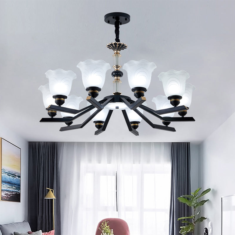 Frosted Glass Black Chandelier Lighting Floral Shade 3/6/8-Head Rural Style Hanging Pendant Light Clearhalo 'Ceiling Lights' 'Chandeliers' Lighting' options 1221013