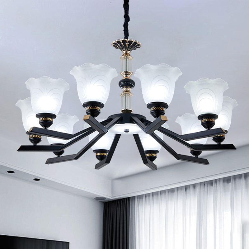 Frosted Glass Black Chandelier Lighting Floral Shade 3/6/8-Head Rural Style Hanging Pendant Light Clearhalo 'Ceiling Lights' 'Chandeliers' Lighting' options 1221014