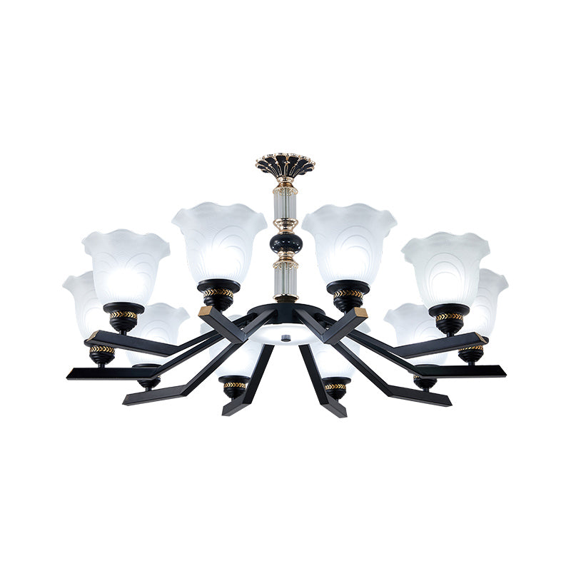 Frosted Glass Black Chandelier Lighting Floral Shade 3/6/8-Head Rural Style Hanging Pendant Light Clearhalo 'Ceiling Lights' 'Chandeliers' Lighting' options 1221015