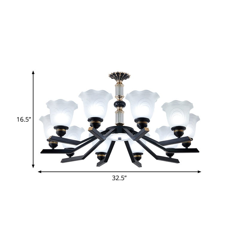 Frosted Glass Black Chandelier Lighting Floral Shade 3/6/8-Head Rural Style Hanging Pendant Light Clearhalo 'Ceiling Lights' 'Chandeliers' Lighting' options 1221016