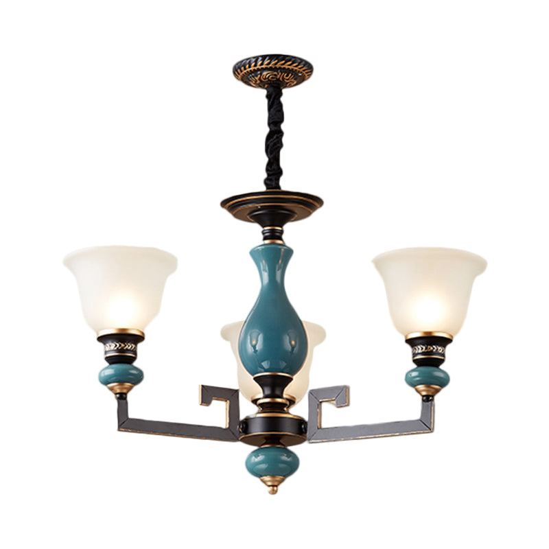 Blue-Black 3/5/6 Heads Pendulum Light Vintage Style Milky Glass Bell Shaped Hanging Chandelier Clearhalo 'Ceiling Lights' 'Chandeliers' Lighting' options 1221031