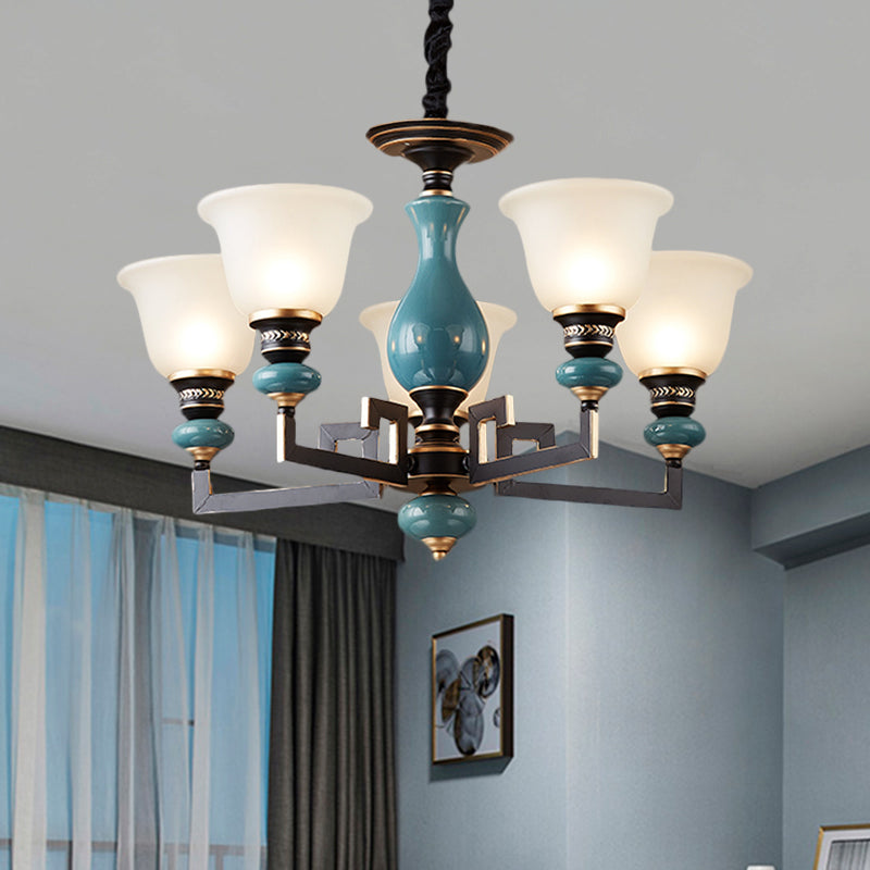 Blue-Black 3/5/6 Heads Pendulum Light Vintage Style Milky Glass Bell Shaped Hanging Chandelier 5 Blue-Black Clearhalo 'Ceiling Lights' 'Chandeliers' Lighting' options 1221034_df8b5ed3-cb2d-47ac-b205-cf7694a87820