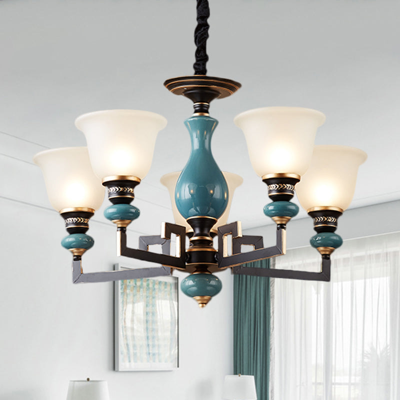 Blue-Black 3/5/6 Heads Pendulum Light Vintage Style Milky Glass Bell Shaped Hanging Chandelier Clearhalo 'Ceiling Lights' 'Chandeliers' Lighting' options 1221036