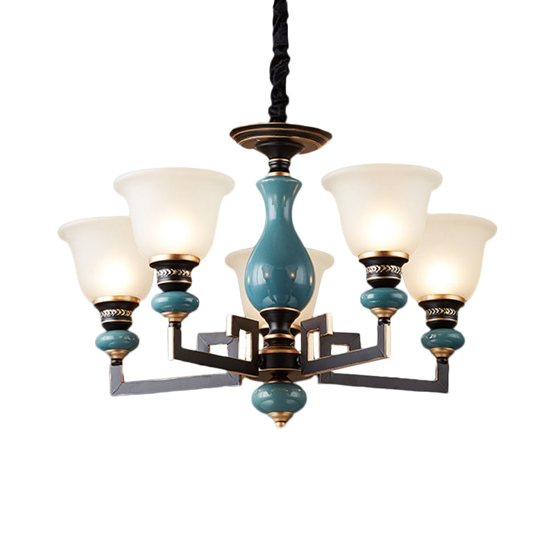 Blue-Black 3/5/6 Heads Pendulum Light Vintage Style Milky Glass Bell Shaped Hanging Chandelier Clearhalo 'Ceiling Lights' 'Chandeliers' Lighting' options 1221037