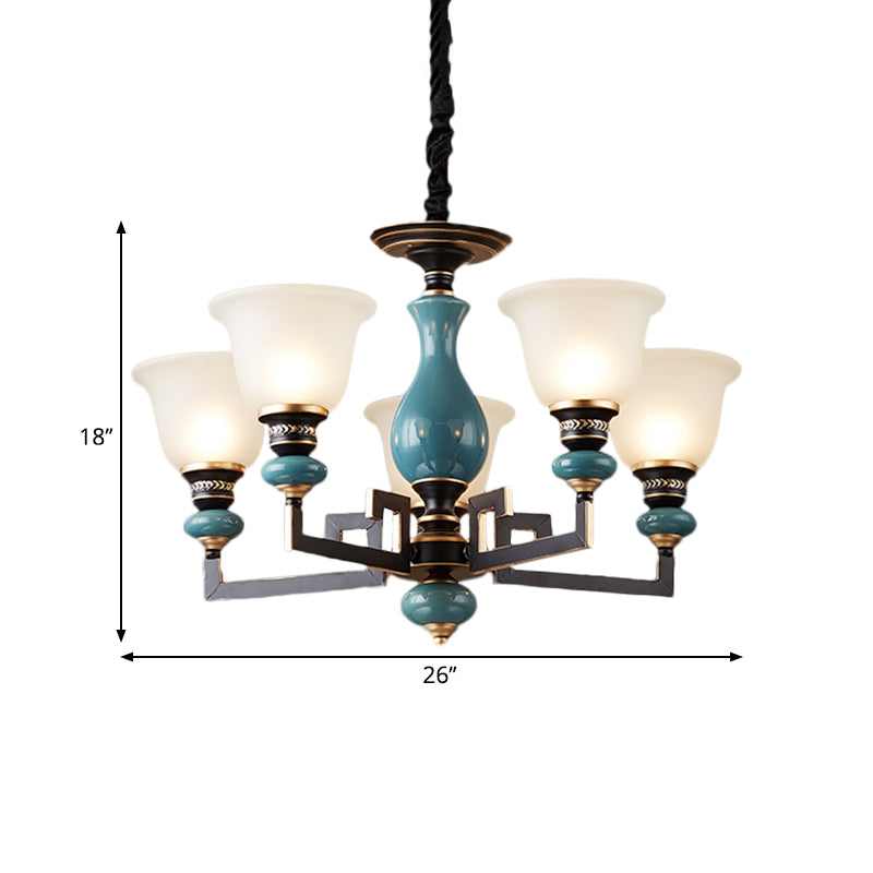 Blue-Black 3/5/6 Heads Pendulum Light Vintage Style Milky Glass Bell Shaped Hanging Chandelier Clearhalo 'Ceiling Lights' 'Chandeliers' Lighting' options 1221038