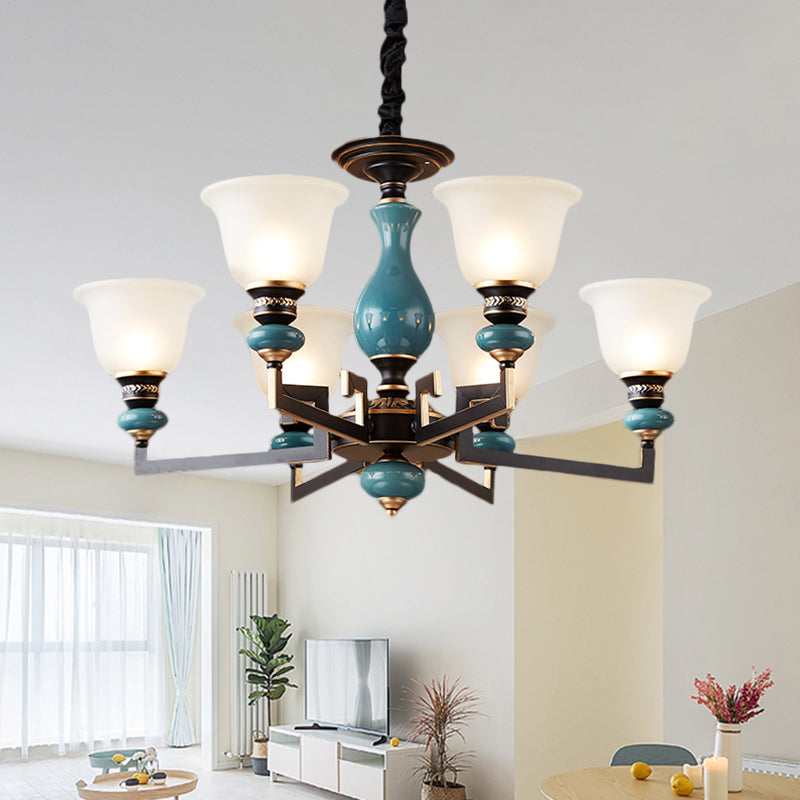 Blue-Black 3/5/6 Heads Pendulum Light Vintage Style Milky Glass Bell Shaped Hanging Chandelier Clearhalo 'Ceiling Lights' 'Chandeliers' Lighting' options 1221040