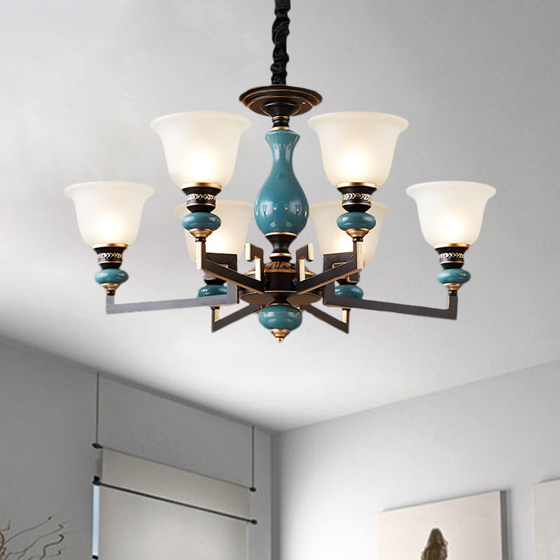 Blue-Black 3/5/6 Heads Pendulum Light Vintage Style Milky Glass Bell Shaped Hanging Chandelier Clearhalo 'Ceiling Lights' 'Chandeliers' Lighting' options 1221041