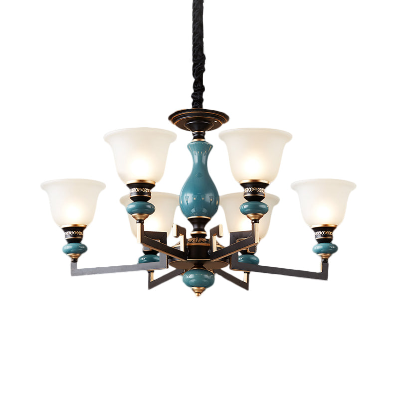 Blue-Black 3/5/6 Heads Pendulum Light Vintage Style Milky Glass Bell Shaped Hanging Chandelier Clearhalo 'Ceiling Lights' 'Chandeliers' Lighting' options 1221042