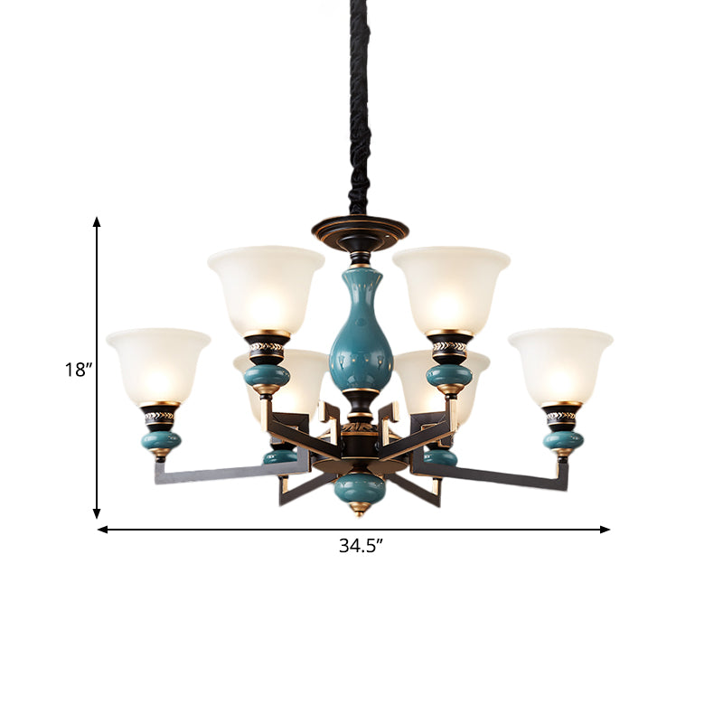 Blue-Black 3/5/6 Heads Pendulum Light Vintage Style Milky Glass Bell Shaped Hanging Chandelier Clearhalo 'Ceiling Lights' 'Chandeliers' Lighting' options 1221043